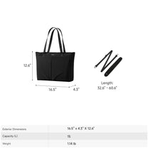 LUGGEX 15.6” black laptop tote bag dimensions and adjustable strap length specifications. 
