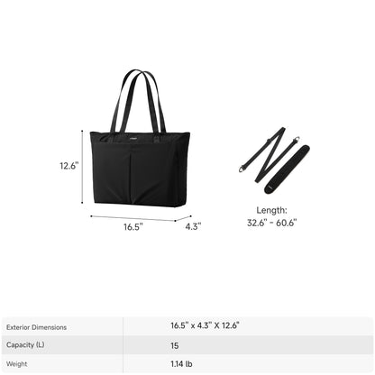 LUGGEX 15.6” black laptop tote bag dimensions and adjustable strap length specifications. 
