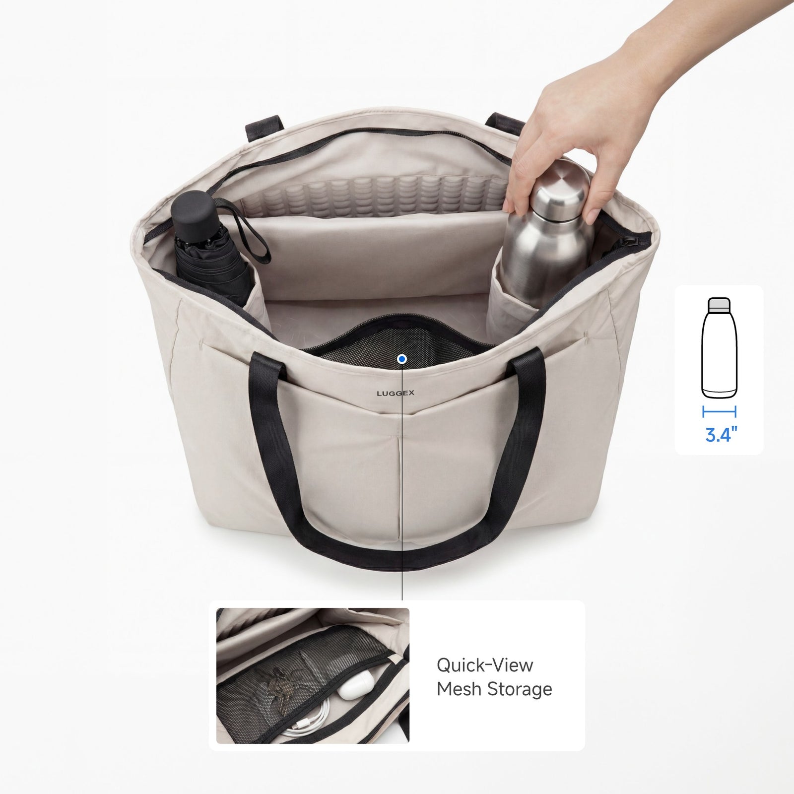 LUGGEX 15.6” laptop tote bag interior showing structured bottle holders and quick-view mesh storage pocket. 