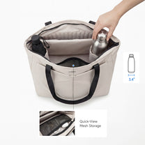 LUGGEX 15.6” laptop tote bag interior showing structured bottle holders and quick-view mesh storage pocket. 