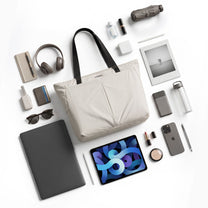 LUGGEX 15.6” laptop tote bag with everyday essentials displayed, showing 20L capacity for work and travel items.

