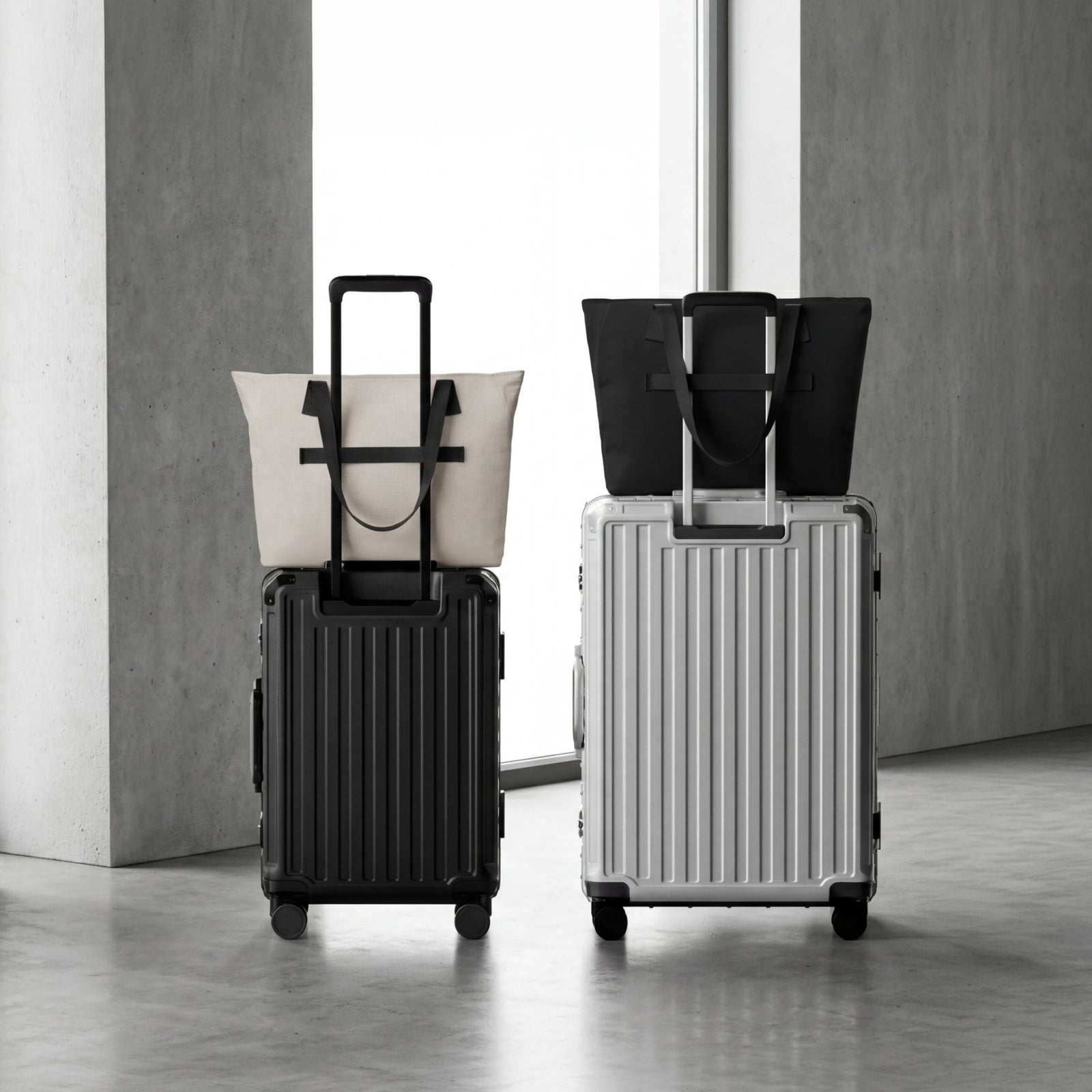 LUGGEX 15.6” laptop tote bags mounted on carry-on suitcases with integrated luggage sleeves for travel.

