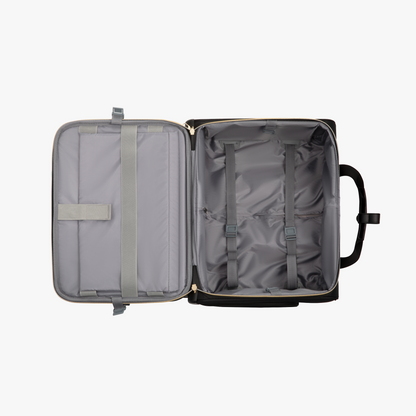 LUGGEX 18 inch rolling carry-on luggage interior showing padded laptop compartment that fits up to 17.3 inch laptop, with organized packing space and compression straps for business travel #show