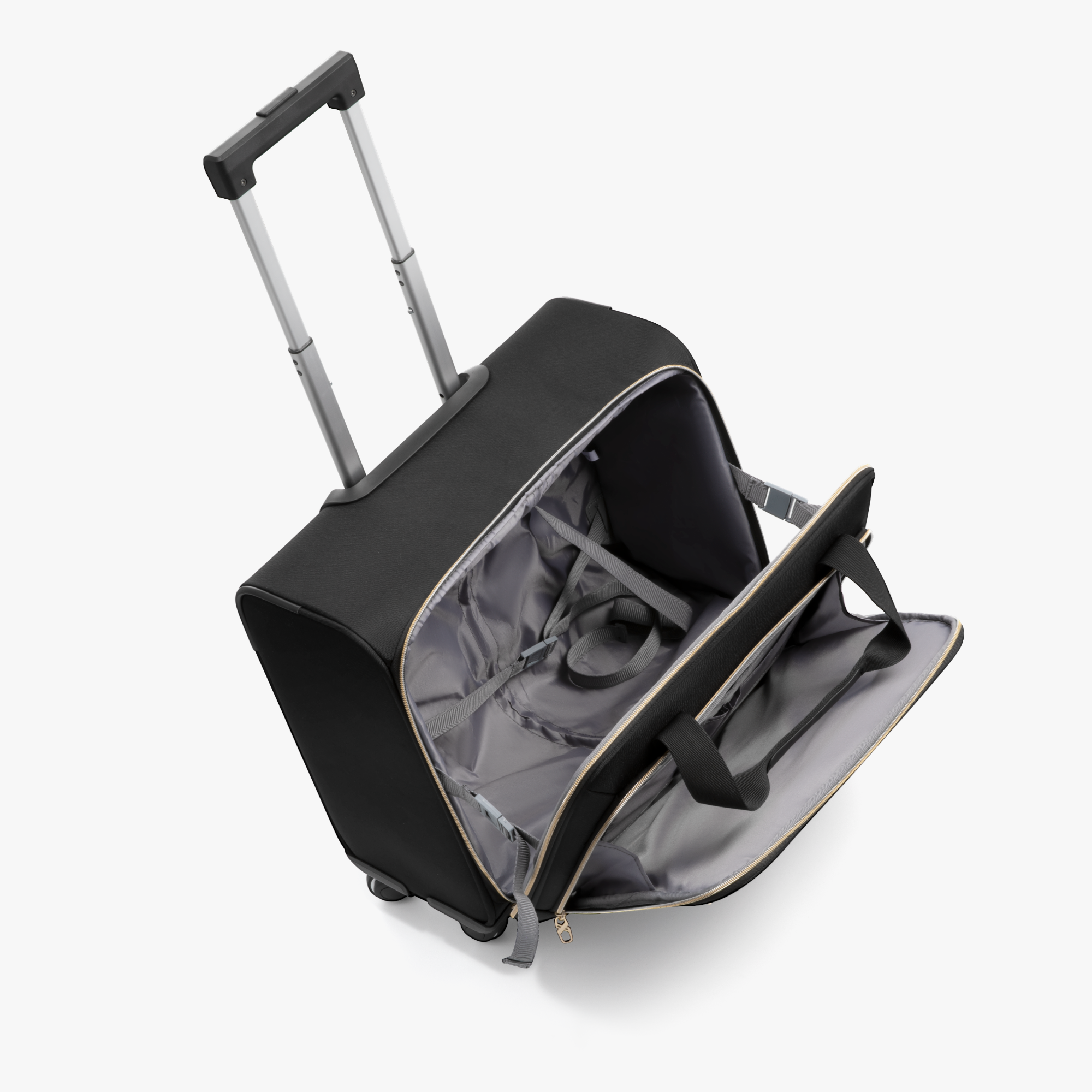 LUGGEX 18 inch rolling carry-on luggage opened flat showing spacious interior with compression straps and wide 180 degree opening for easy packing during business trips or short travel #show