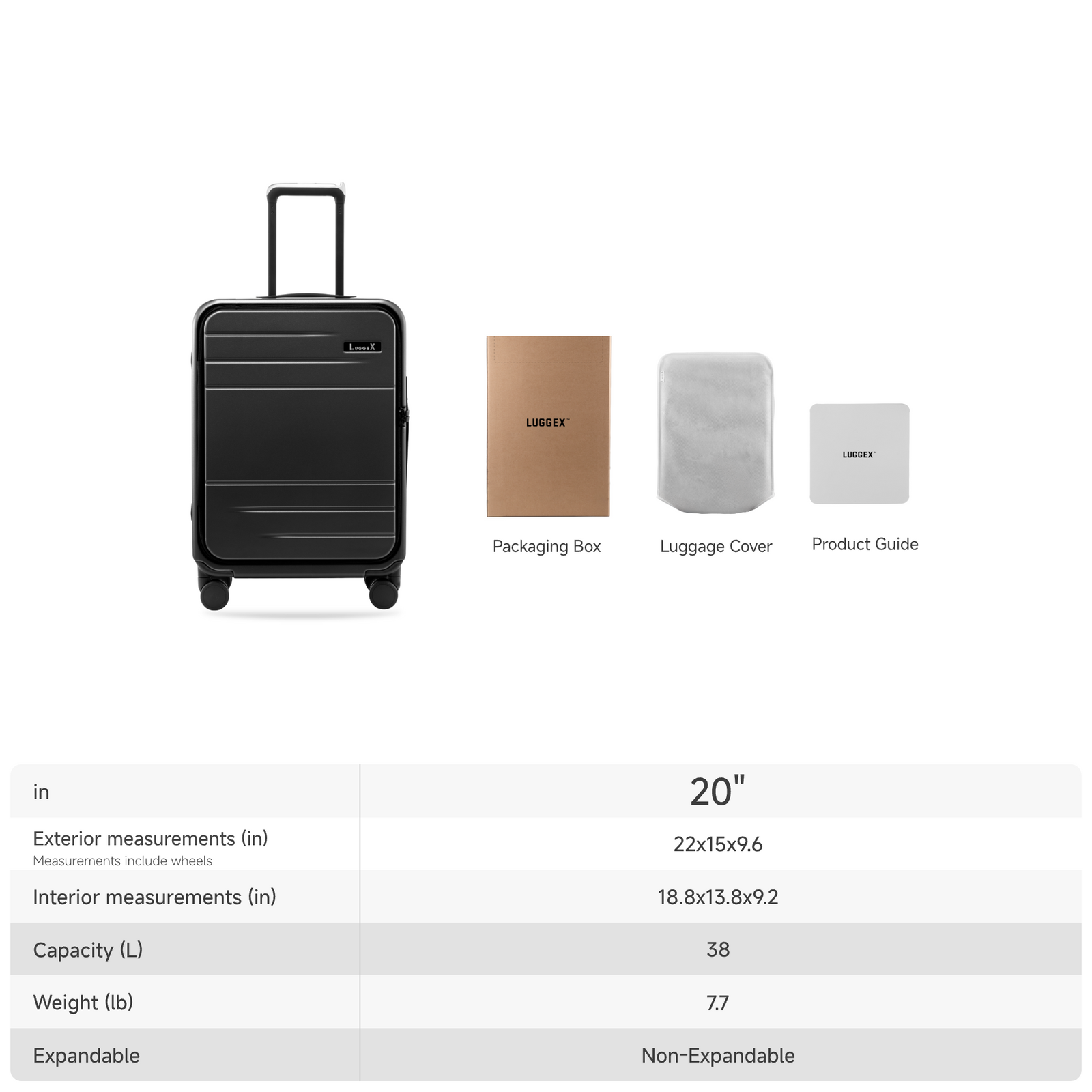 LUGGEX 20-inch front open carry-on suitcase with a rivet-free aluminum frame, showing size specifications, capacity, and included accessories.

