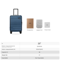 LUGGEX 20-inch front open carry-on suitcase with a rivet-free aluminum frame, showing size specifications, capacity, and included accessories.

#color_blue