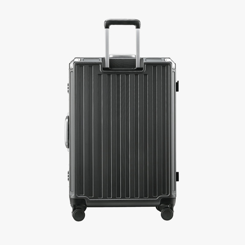 Front view of the LUGGEX ZX Series charcoal aluminum-frame zipperless luggage set featuring 20-inch carry-on and 28-inch check-in suitcases, showcasing sleek design and modern durability.
