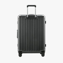Front view of the LUGGEX ZX Series charcoal aluminum-frame zipperless luggage set featuring 20-inch carry-on and 28-inch check-in suitcases, showcasing sleek design and modern durability.
