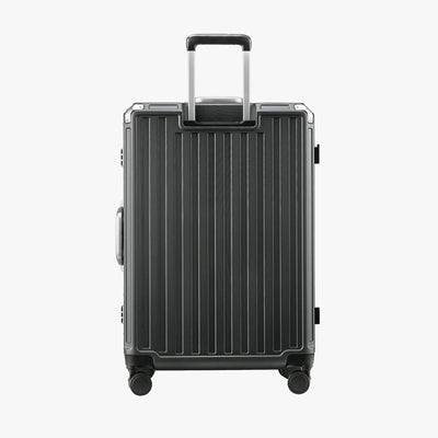 Front view of the LUGGEX ZX Series charcoal aluminum-frame zipperless luggage set featuring 20-inch carry-on and 28-inch check-in suitcases, showcasing sleek design and modern durability.
