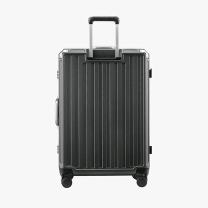Front view of the LUGGEX ZX Series charcoal aluminum-frame zipperless luggage set featuring 20-inch carry-on and 28-inch check-in suitcases, showcasing sleek design and modern durability.
