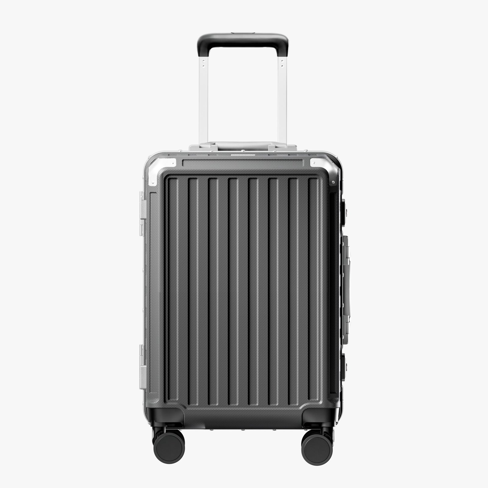 Front view of a carry-on suitcase with a 100% polycarbonate shell, designed for lightweight durability and impact resistance. 