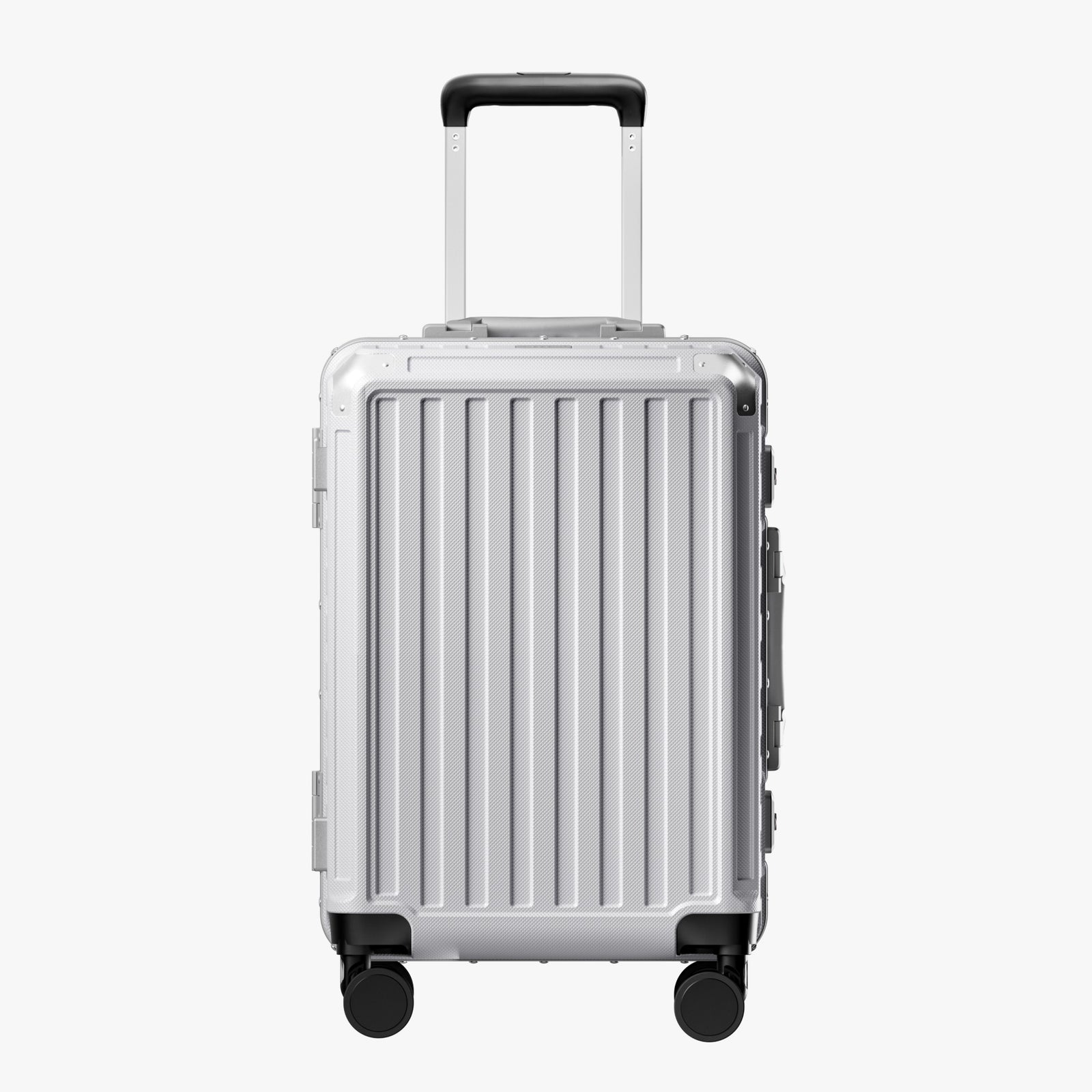 Front view of a carry-on suitcase with a 100% polycarbonate shell, designed for lightweight durability and impact resistance. 