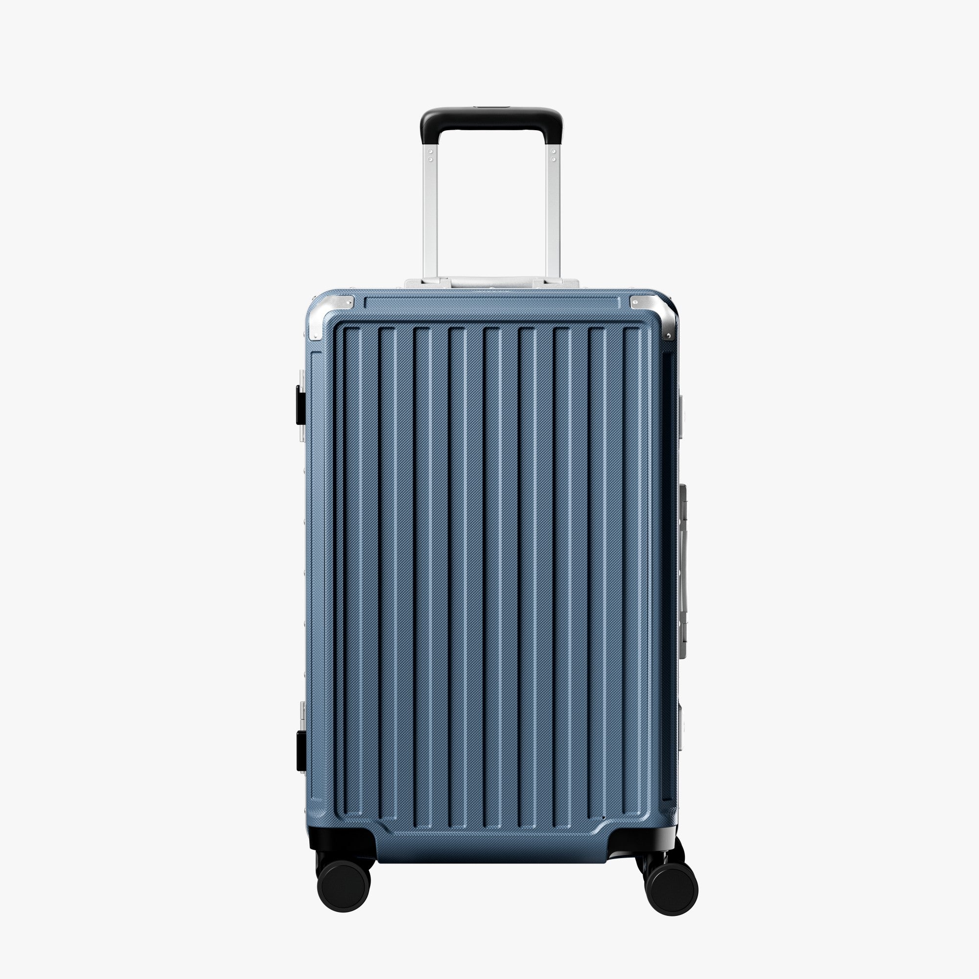 Front view of a 24-inch check-in suitcase with a 100% polycarbonate shell, designed for lightweight durability and impact resistance. 
