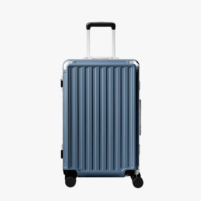 Front view of a 24-inch check-in suitcase with a 100% polycarbonate shell, designed for lightweight durability and impact resistance. 