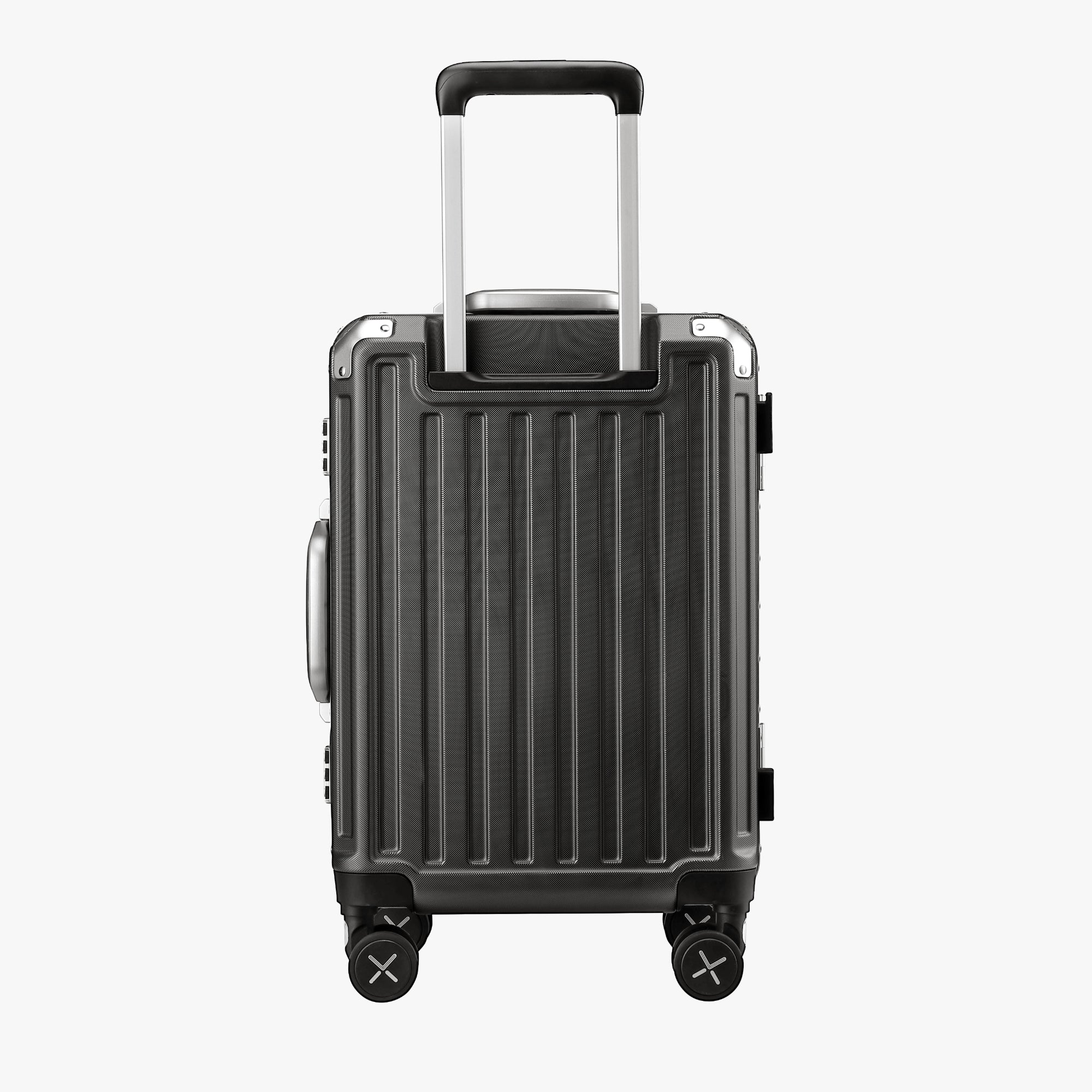 LUGGEX 20-inch aluminum frame carry-on luggage suitcase back view with telescopic handle and spinner wheels
#color_charcoal