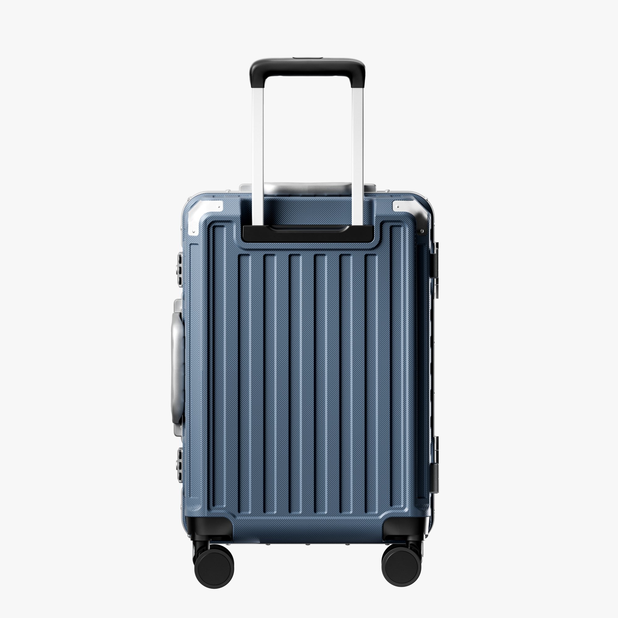 Back view of an aluminum frame carry-on suitcase with spinner wheels and a telescopic handle, designed for durable and smooth travel. #show #color_blue