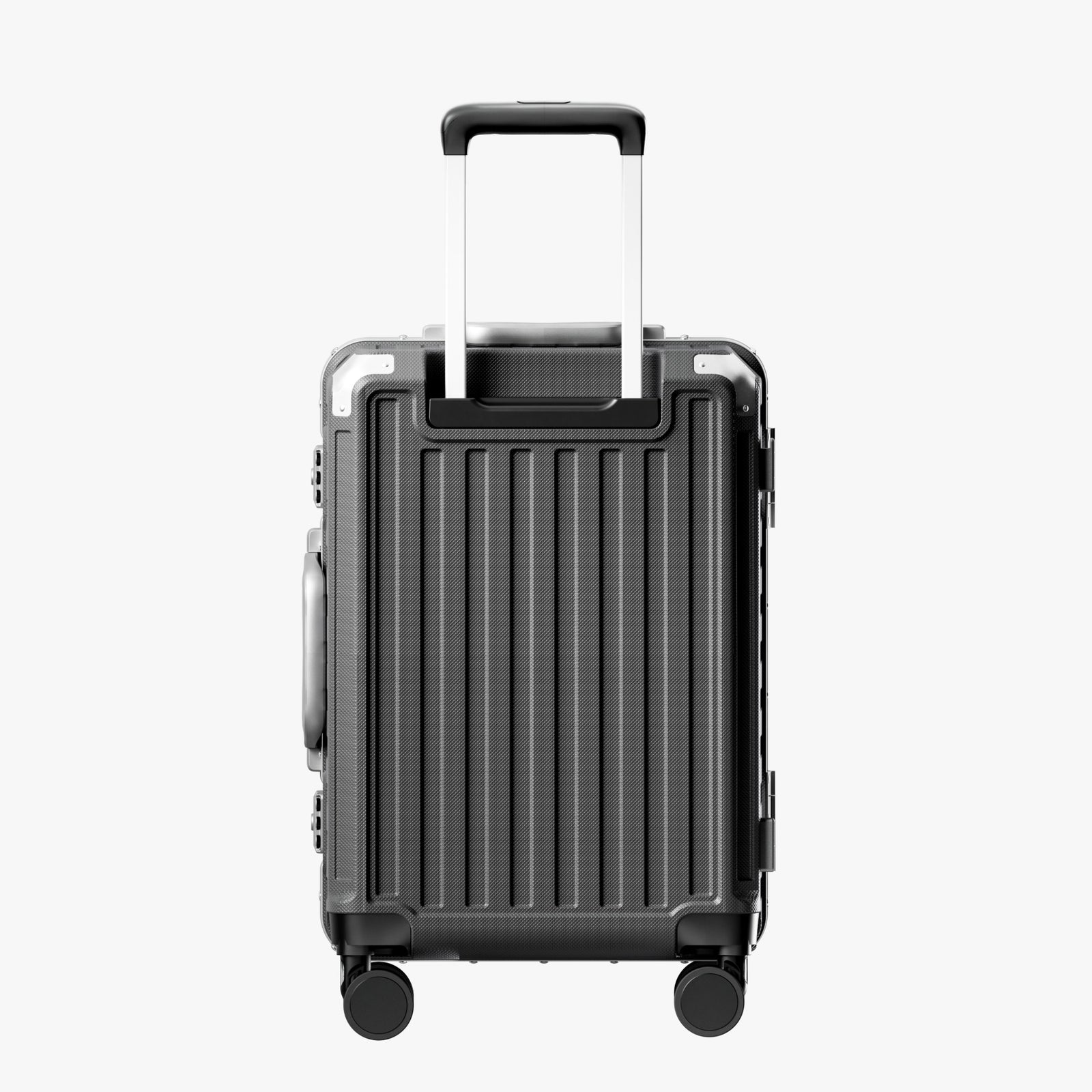 Back view of Back view of an aluminum frame carry-on suitcase with spinner wheels and a telescopic handle, designed for durable and smooth travel. 