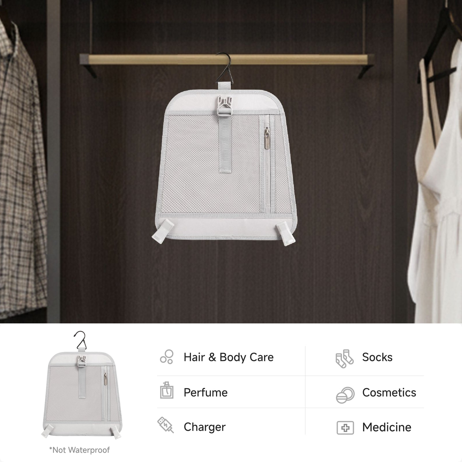 Removable hanging organizer from the LUGGEX 20-inch sliver grey aluminum-frame zipperless suitcase, designed for hair and body care, cosmetics, socks, perfume, chargers, and medicine storage.
