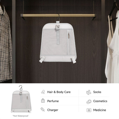 Removable hanging organizer from the LUGGEX 20-inch sliver grey aluminum-frame zipperless suitcase, designed for hair and body care, cosmetics, socks, perfume, chargers, and medicine storage.
