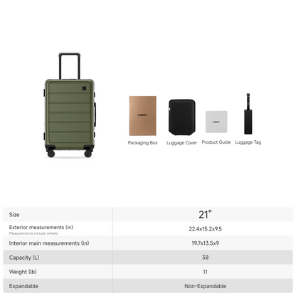 LUGGEX 21-inch carry-on luggage with included packaging box, luggage cover, product guide, luggage tag, and detailed size specifications. #color_olive_green
