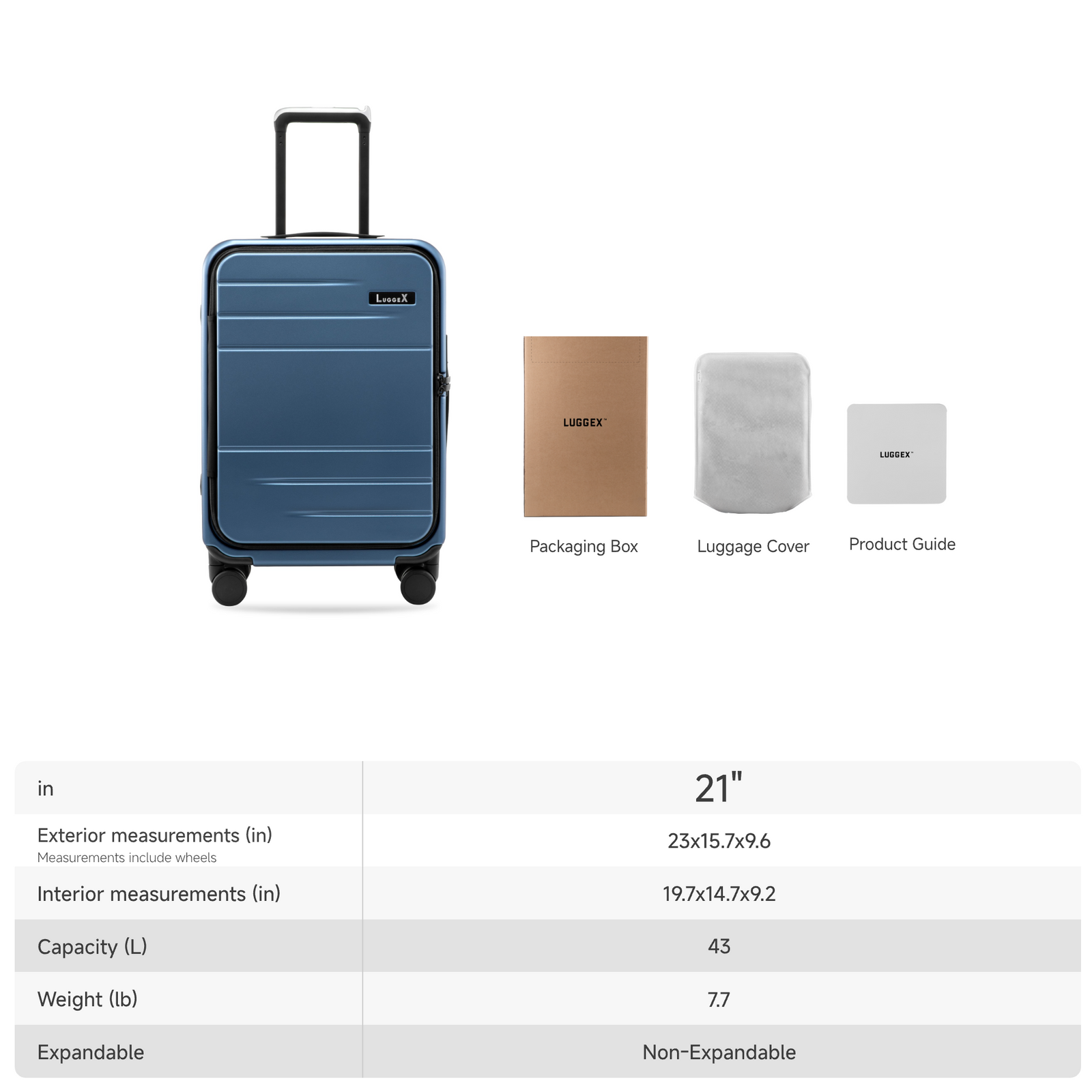 LUGGEX 21-inch front open carry-on suitcase with a rivet-free aluminum frame, showing size specifications, capacity, and included accessories.
#color_blue