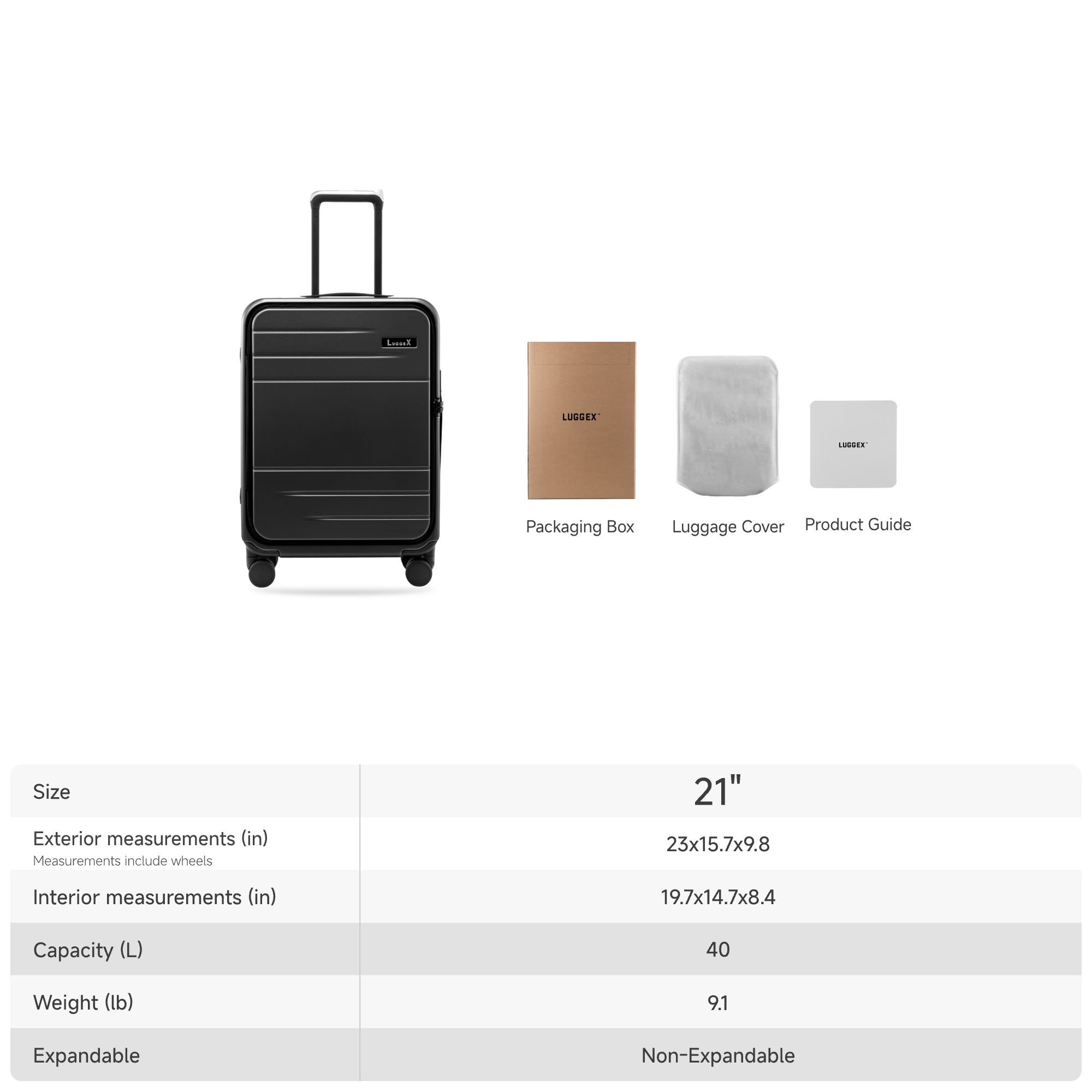 LUGGEX 21-inch front open & top open carry-on suitcase with a rivet-free aluminum frame, showing size specifications, capacity, and included accessories.
