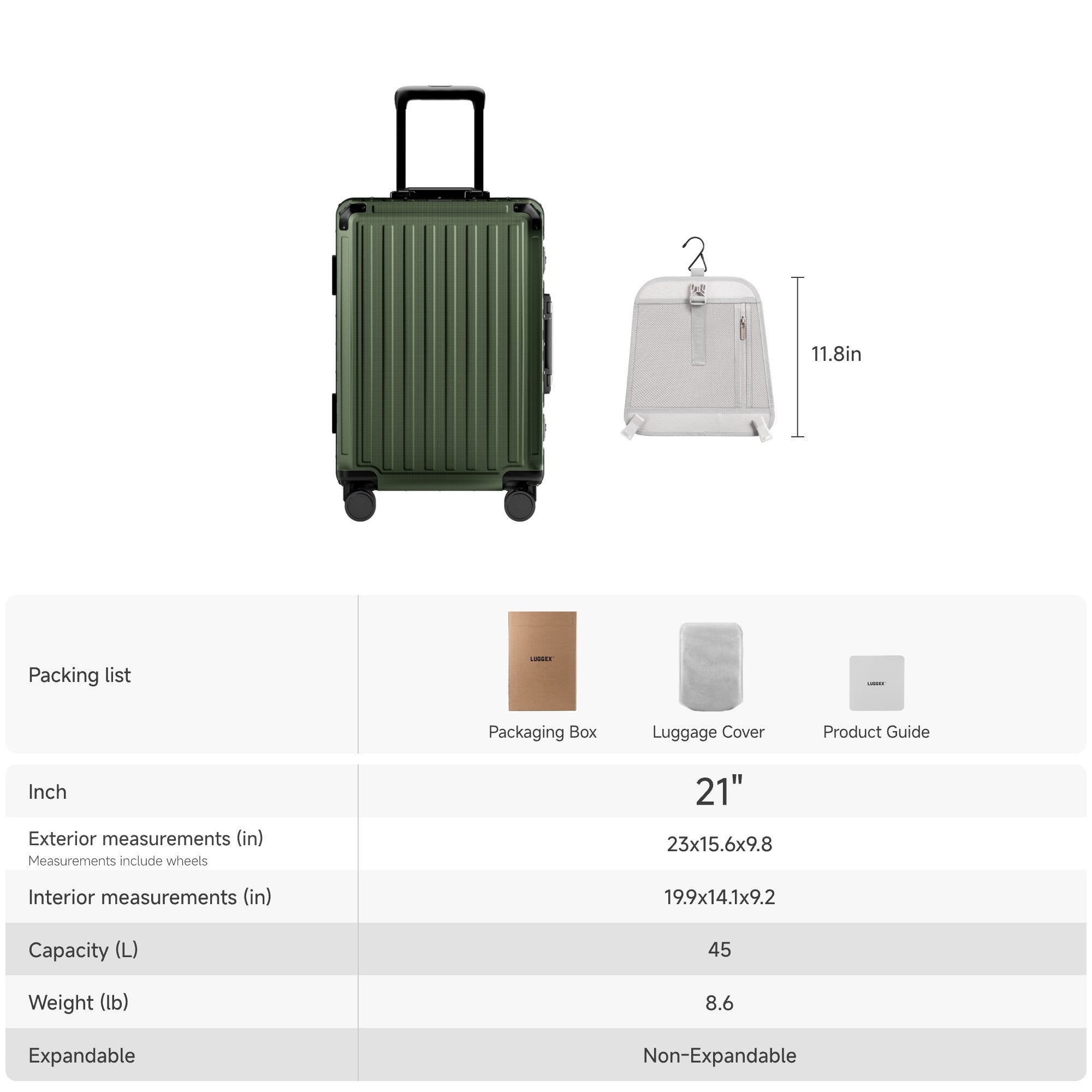 The LUGGEX 21-inch carry-on provides extra packing capacity compared to standard 20-inch luggage—ideal for 3–5 day trips—while still fitting most airline overhead bins. #color_olive_green