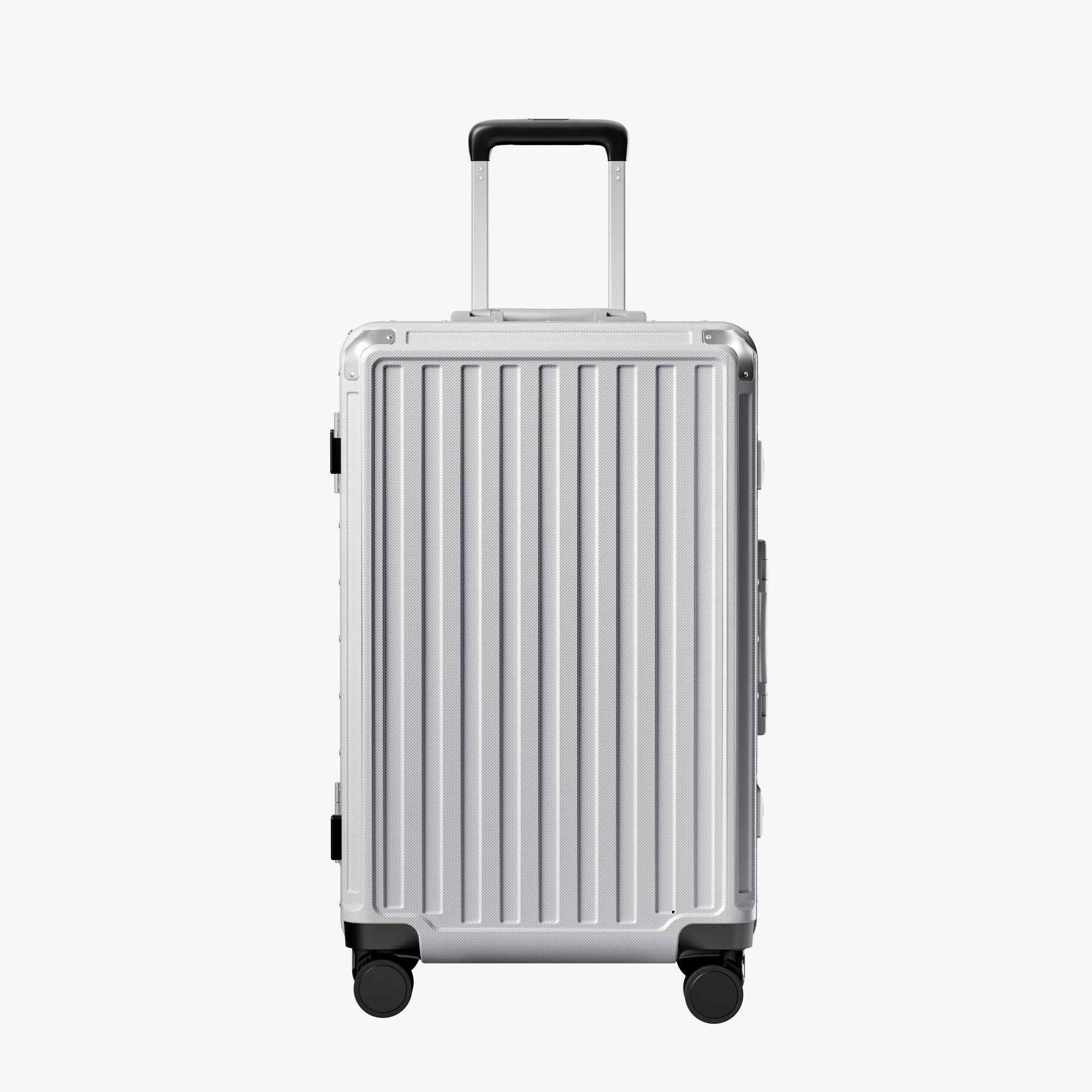 Front view of a 24-inch check-in suitcase with a 100% polycarbonate shell, designed for lightweight durability and impact resistance. 