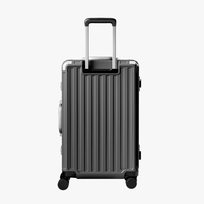 Back view of an aluminum frame check-in suitcase with spinner wheels and a telescopic handle, designed for durable and smooth travel. 