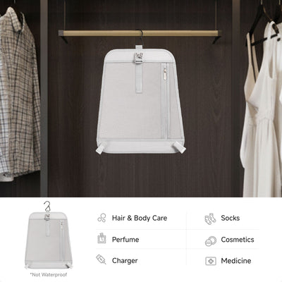 Removable hanging organizer from the LUGGEX 24-inch charcoal aluminum-frame zipperless suitcase, designed for hair and body care, cosmetics, socks, perfume, chargers, and medicine storage.

