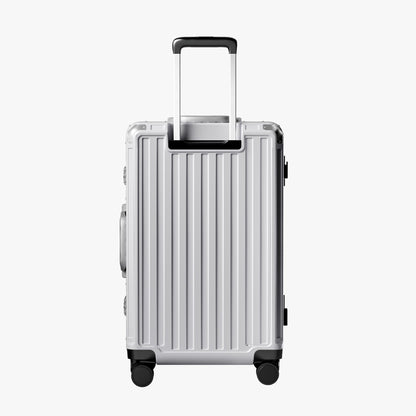 Back view of an aluminum frame check-in suitcase with spinner wheels and a telescopic handle, designed for durable and smooth travel. 