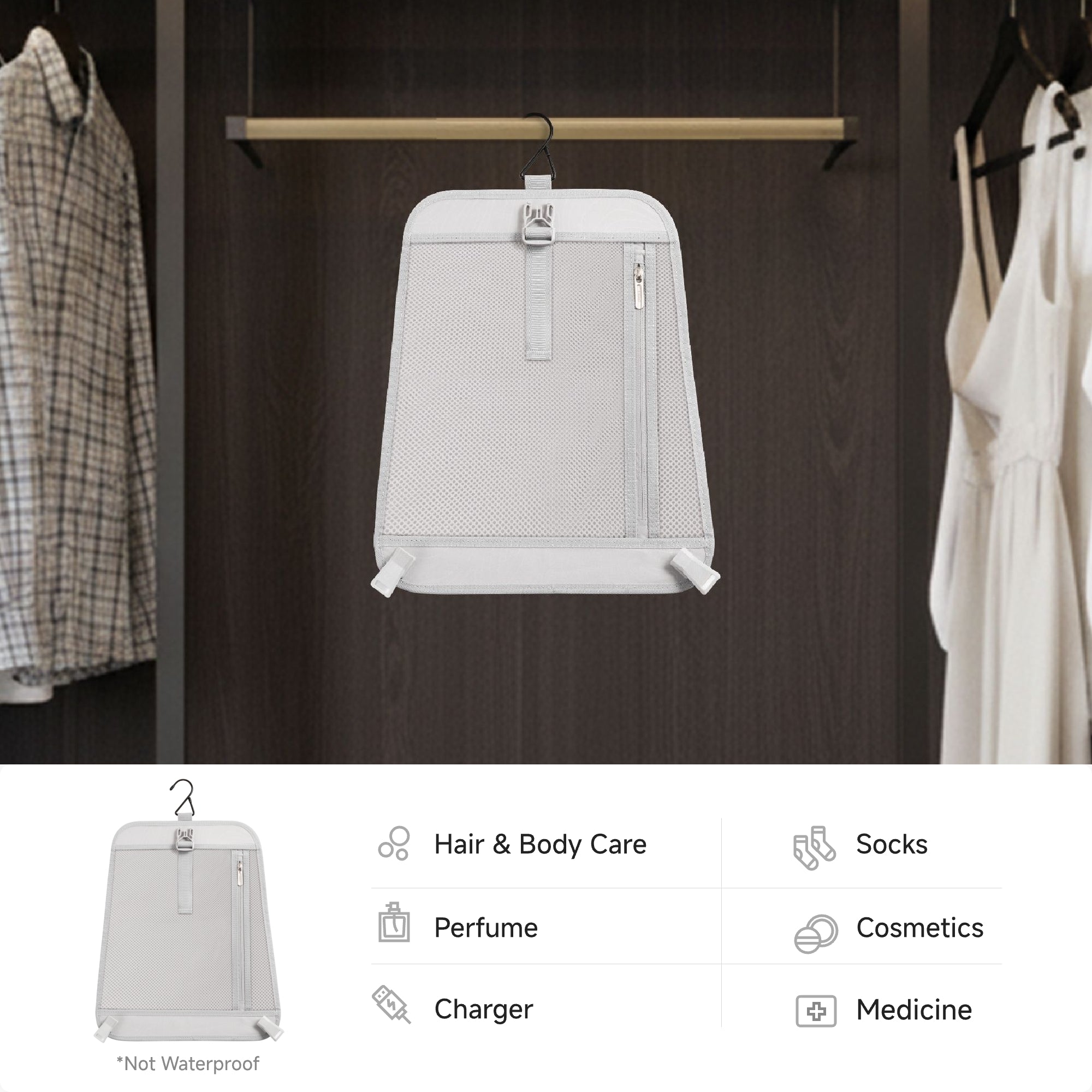 Removable hanging organizer from the LUGGEX 24-inch silver aluminum-frame zipperless suitcase, designed for hair and body care, cosmetics, socks, perfume, chargers, and medicine storage. 