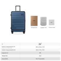 LUGGEX 26-inch front open check-in suitcase with a rivet-free aluminum frame, showing size specifications, capacity, and included accessories.
#color_blue