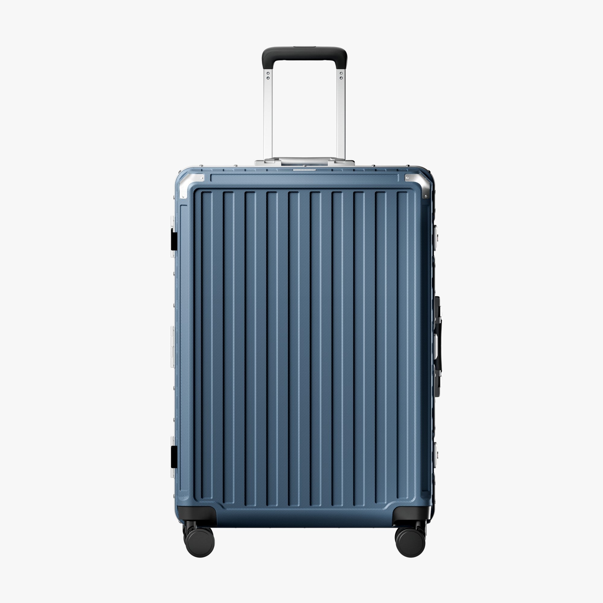 Front view of a check-in suitcase with a 100% polycarbonate shell, designed for lightweight durability and impact resistance. 