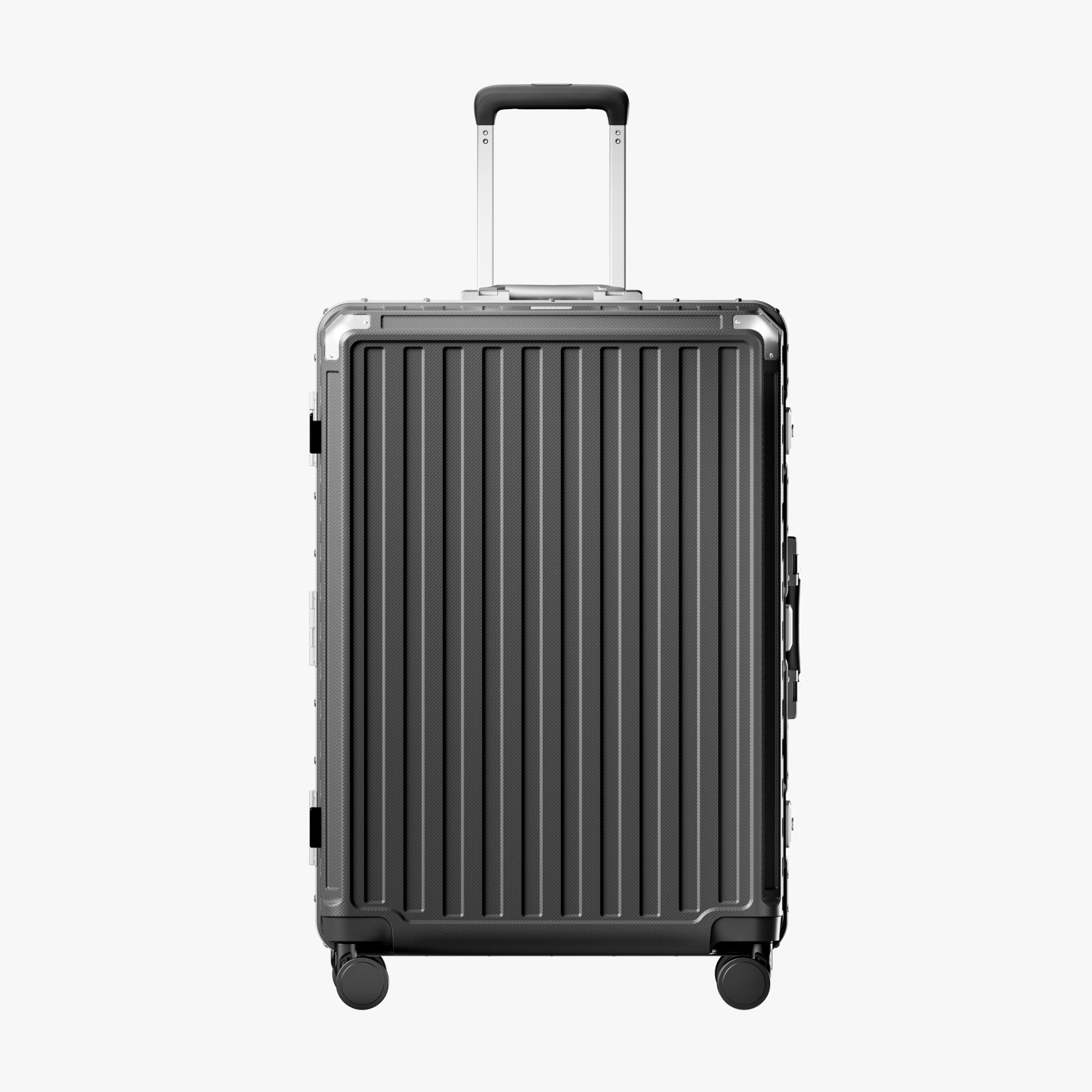 Front view of a check-in suitcase with a 100% polycarbonate shell, designed for lightweight durability and impact resistance. 