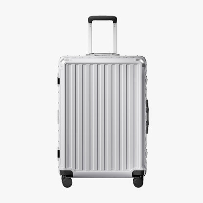 Front view of a carry-on suitcase with a 100% polycarbonate shell, designed for lightweight durability and impact resistance. 
