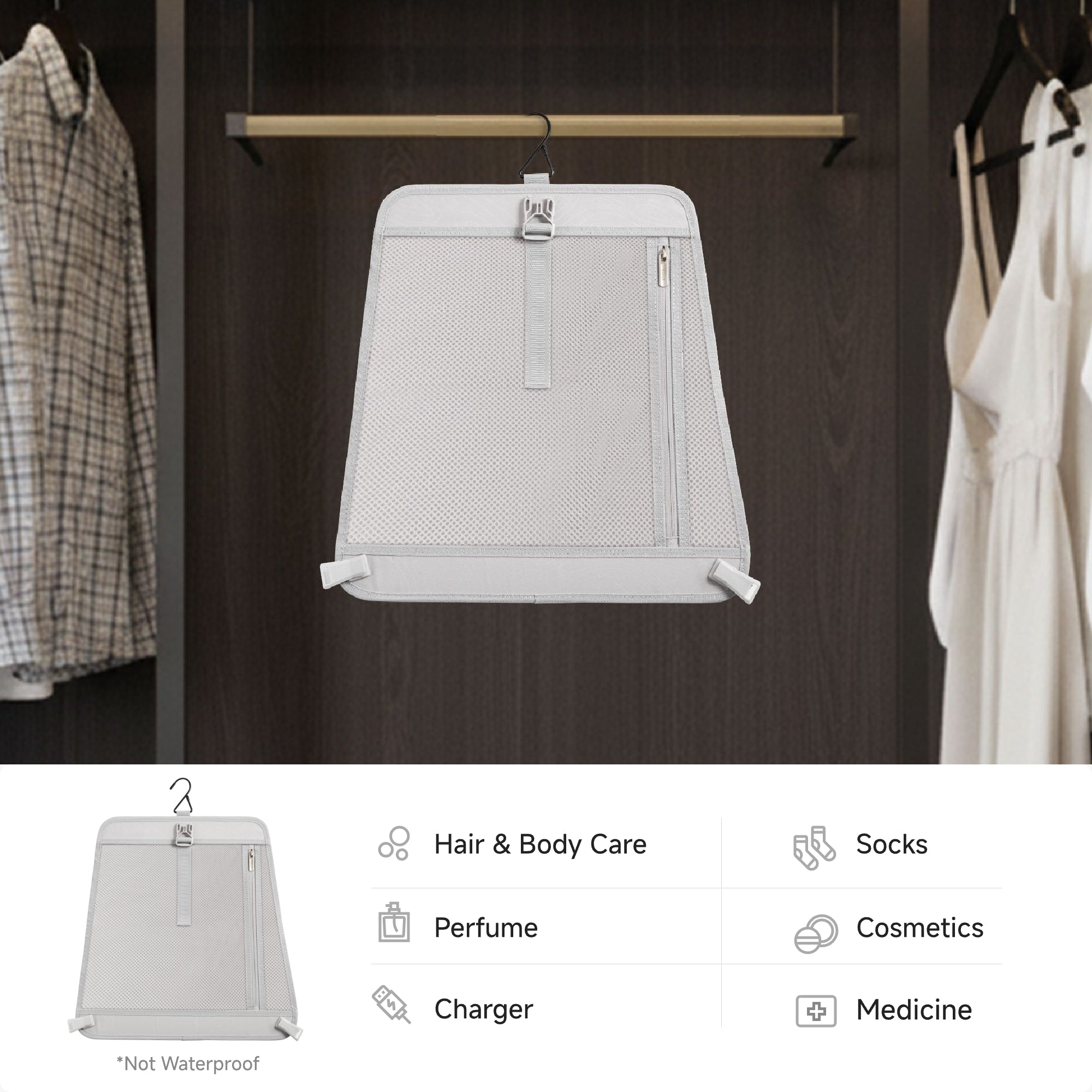 Removable hanging organizer from the LUGGEX 28-inch blue aluminum-frame zipperless suitcase, designed for hair and body care, cosmetics, socks, perfume, chargers, and medicine storage.
