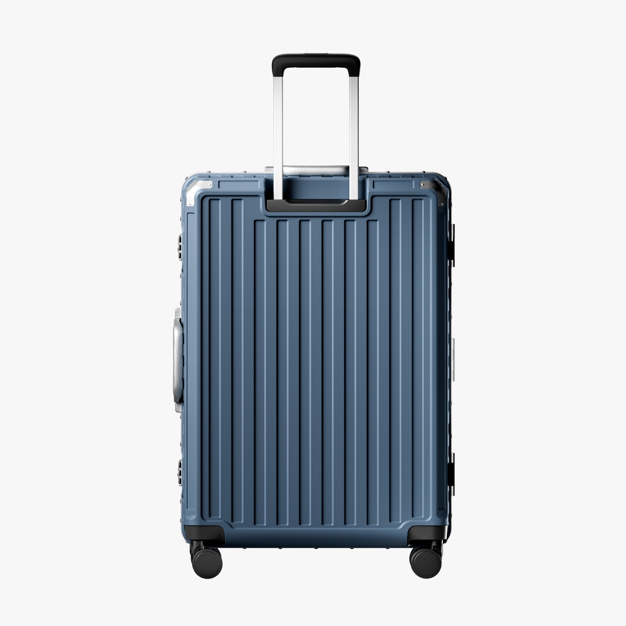 Back view of an aluminum frame check-in suitcase with spinner wheels and a telescopic handle, designed for durable and smooth travel. 
