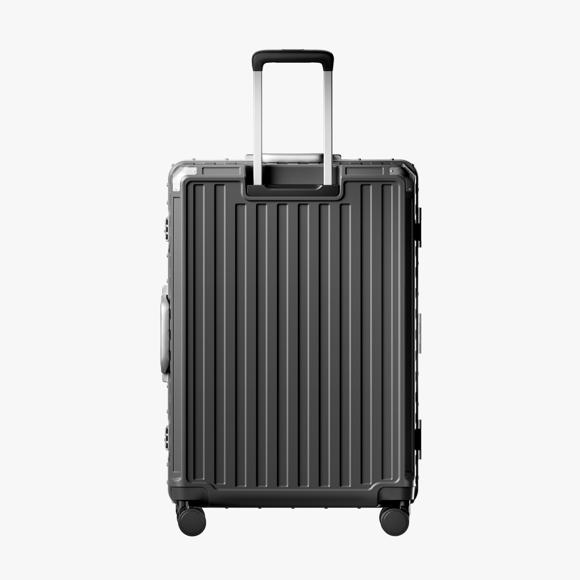 Back view of an aluminum frame check-in suitcase with spinner wheels and a telescopic handle, designed for durable and smooth travel. 