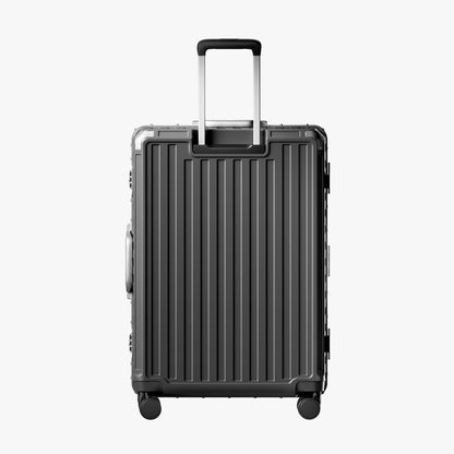 Back view of an aluminum frame check-in suitcase with spinner wheels and a telescopic handle, designed for durable and smooth travel. 