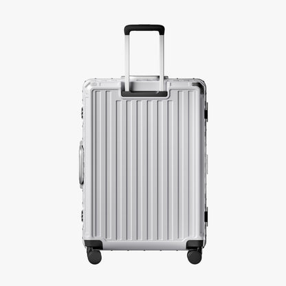 Back view of an aluminum frame carry-on suitcase with spinner wheels and a telescopic handle, designed for durable and smooth travel. 