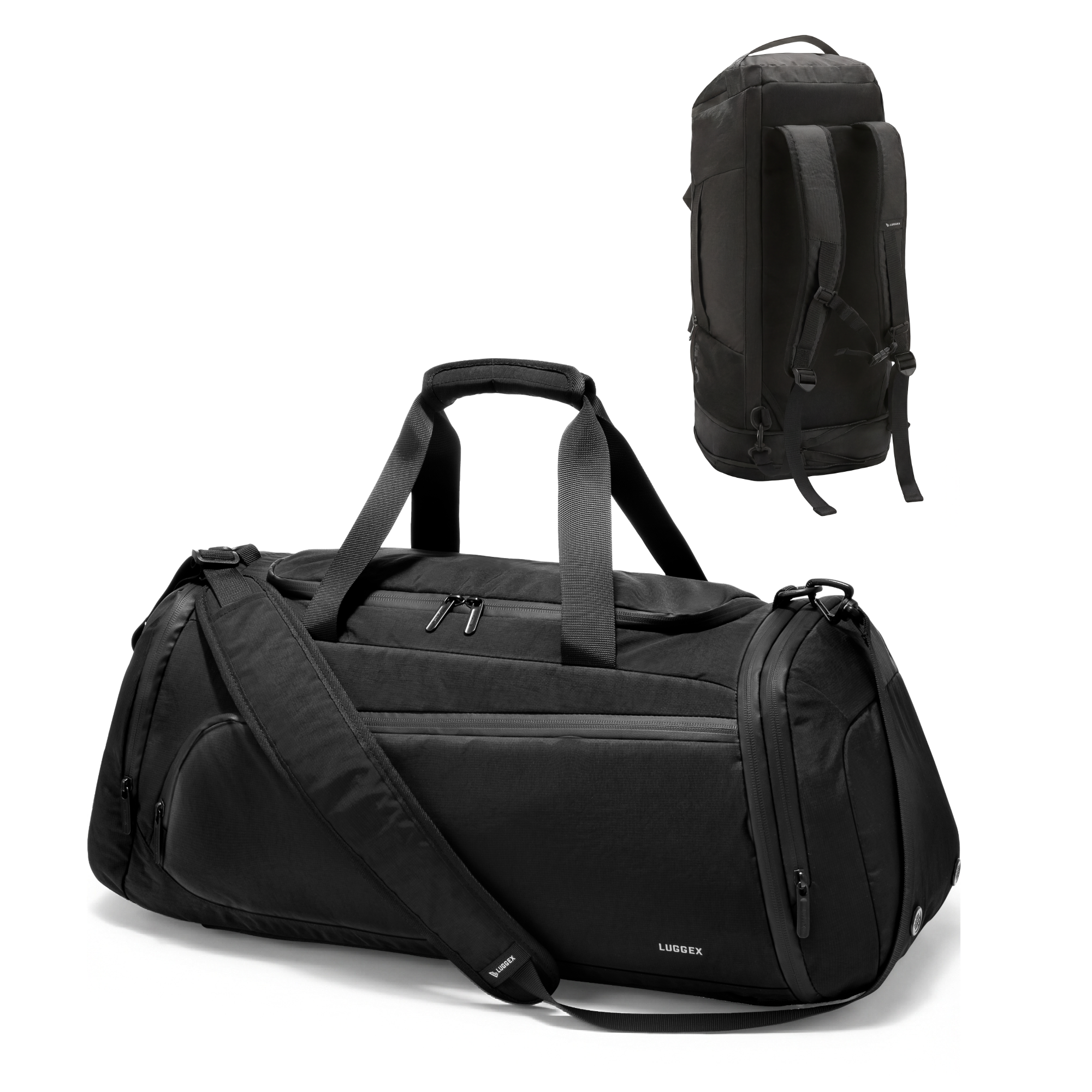Designed for gym days and short trips, this 40L expandable duffel features a separate shoe compartment and stowaway backpack straps, allowing you to switch easily between duffel and backpack carry for smooth, versatile movement. #show #color_black