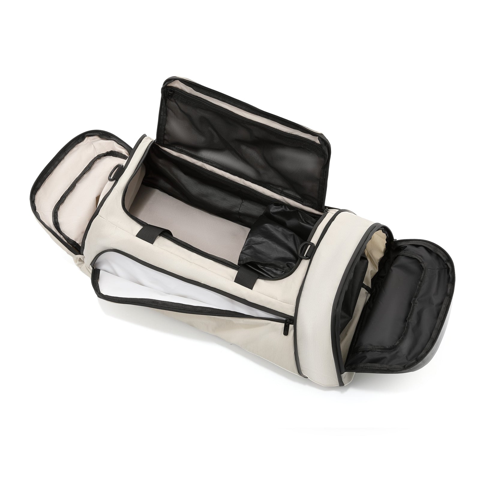 Open layout with a spacious main compartment, ventilated shoe section and waterproof wet-dry pocket — keeping gear organized and sweat separate. 