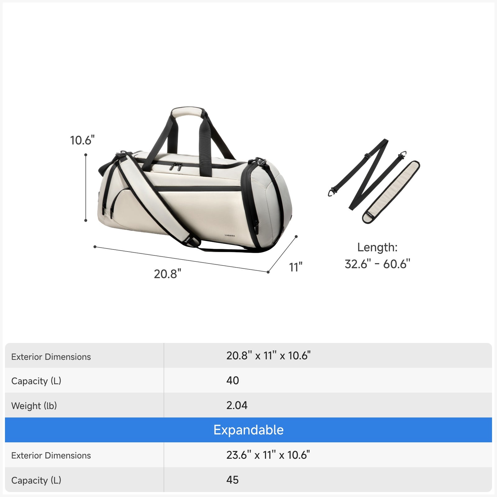 LUGGEX 40L expandable sport duffel bag dimensions 20.8 x 11 x 10.6 inches with expandable capacity to 45L and adjustable shoulder strap length. 