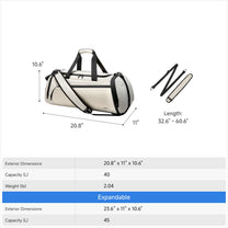 LUGGEX 40L expandable sport duffel bag dimensions 20.8 x 11 x 10.6 inches with expandable capacity to 45L and adjustable shoulder strap length. 