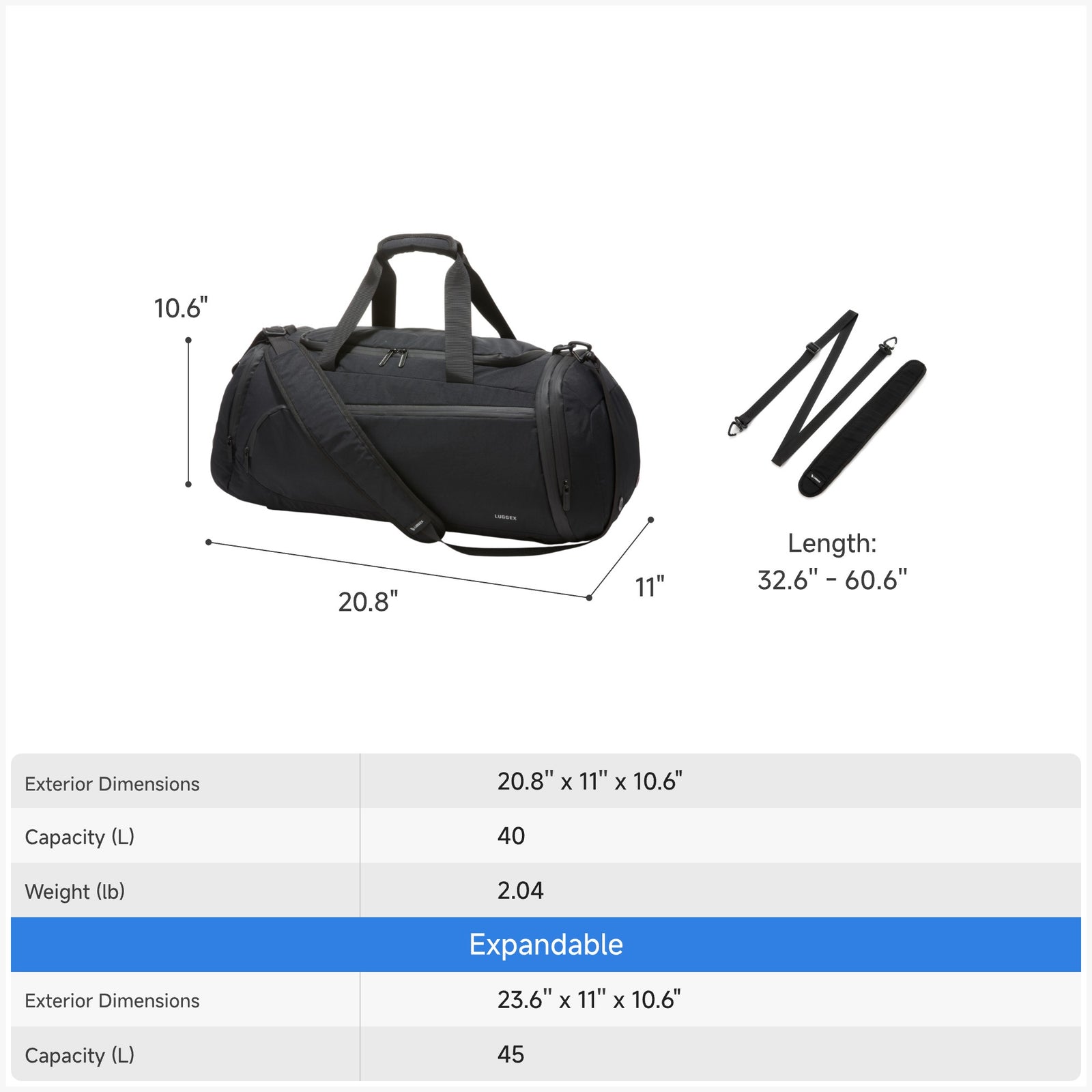 LUGGEX 40L expandable sport duffel bag dimensions 20.8 x 11 x 10.6 inches with expandable capacity to 45L and adjustable shoulder strap length. 