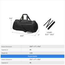 LUGGEX 40L expandable sport duffel bag dimensions 20.8 x 11 x 10.6 inches with expandable capacity to 45L and adjustable shoulder strap length. 