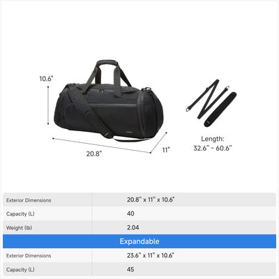 LUGGEX 40L expandable sport duffel bag dimensions 20.8 x 11 x 10.6 inches with expandable capacity to 45L and adjustable shoulder strap length. #color_black