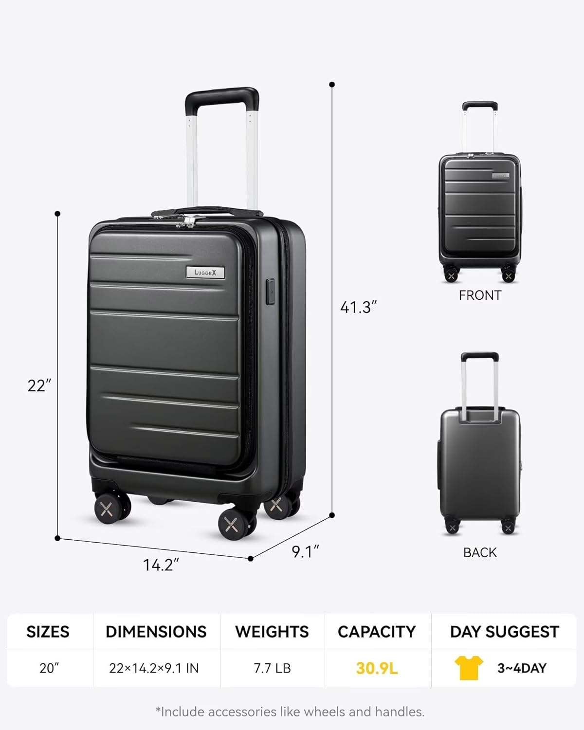 Carry-On Luggage 22x14x9, FAA-Approved Airline Size for Overhead Bins, Lightweight Durable Suitcase with Compact Travel-Friendly Dimensions
