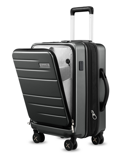 Black 22x14x9in Polycarbonate Hard-Shell Carry-On Luggage with Laptop Compartment - Fashion Front View Design 